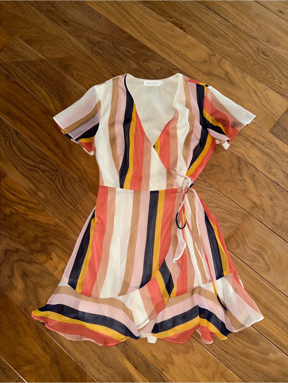 All in Favor Striped Wrap Dress in Coral, Navy, Yellow & Cream